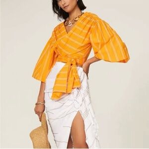 Acler Wyatt Crop Wrap Orange and White Blouse, Balloon Sleeves
